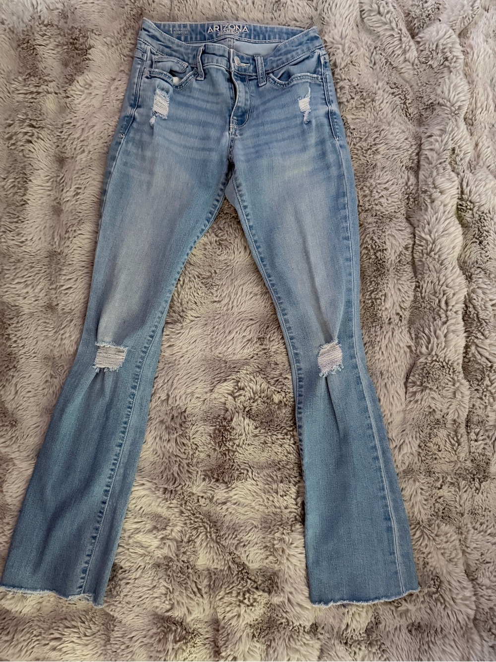 Arizona Jean Company Light Blue Distressed Flare Jeans with Raw Hem